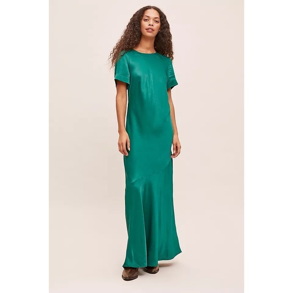 Anthropologie Dresses & Skirts - Anthropologie Emerald Green Satin Short Sleeve Maxi Dress Keyhole Back Size M